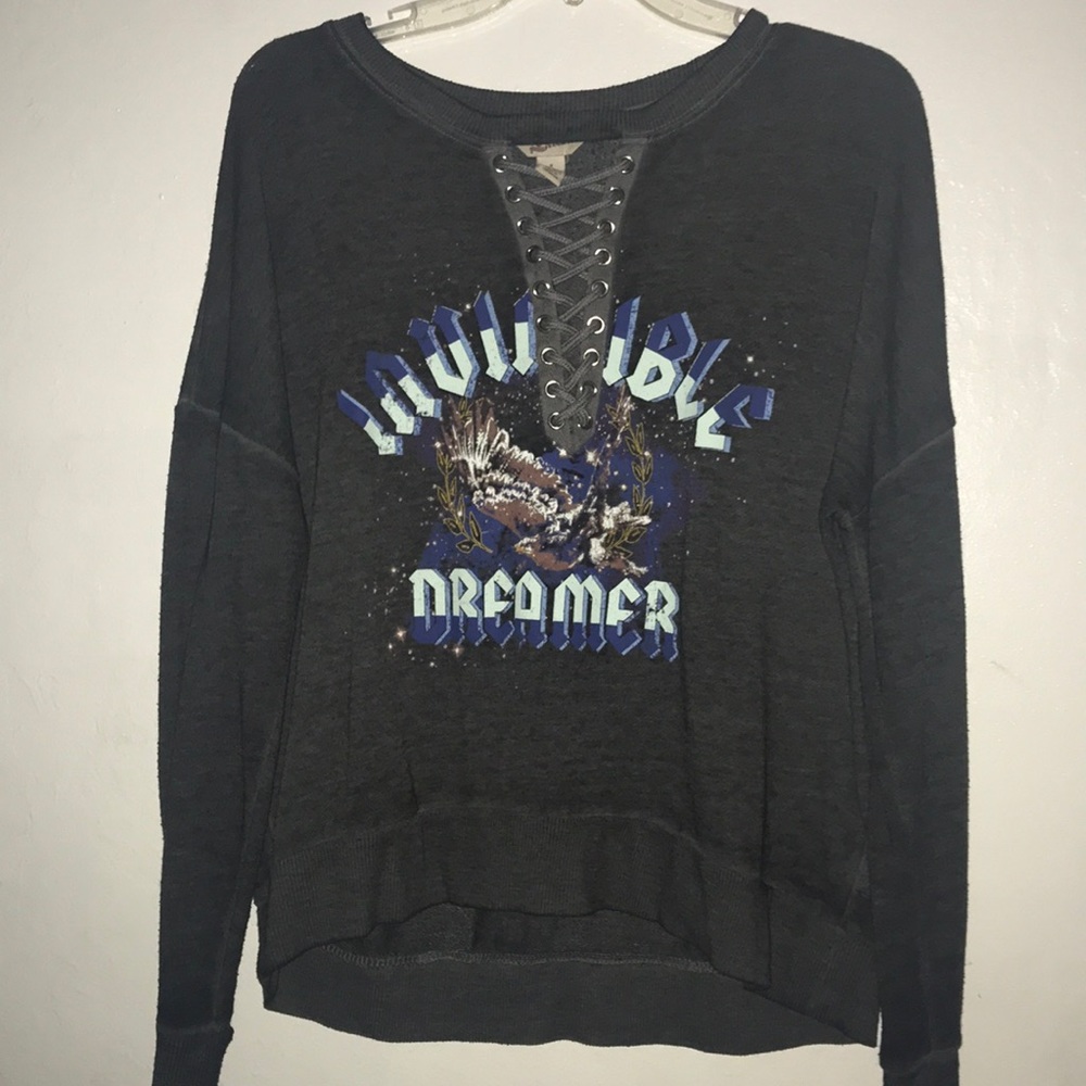 gray sweatshirt with crossed rope neck